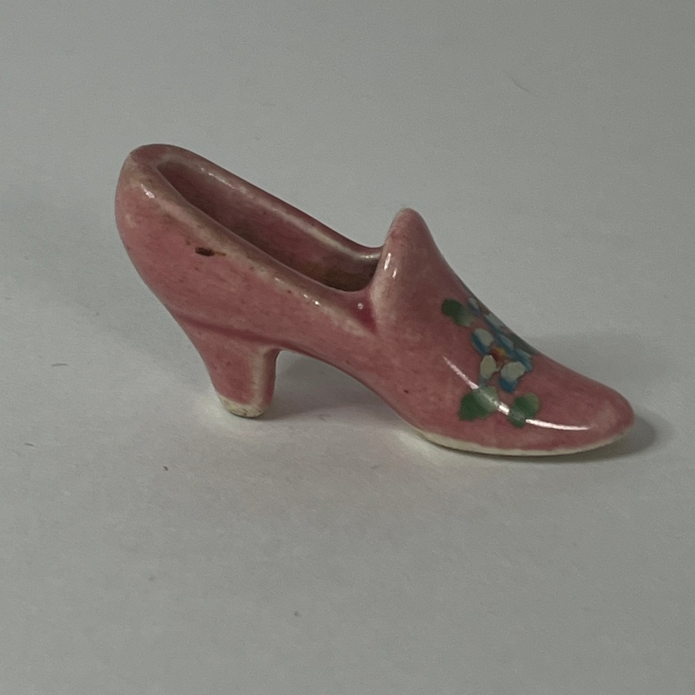 Vintage Miniature Ceramic Pink High Heel Shoe Figurine Floral Hand Painted 2in